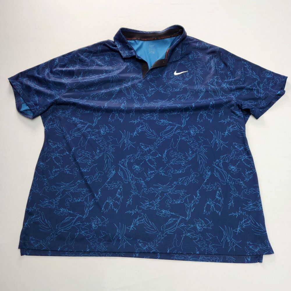 Nike Tiger Woods Polo Mens 3XL Dri-FIT ADV Blue Floral Golf Shirt Short Sleeve